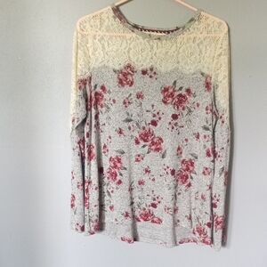 Rewind Floral Lace Women's Long Sleeve Pullover Top Size Large